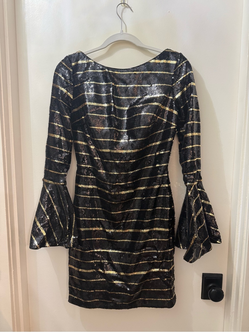 Jovani Black and Gold Striped Sequin Long Sleeve Dress